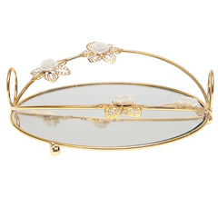 Golden Iron & Glass Decorative Round Tray with White Flowers – J2315-3S