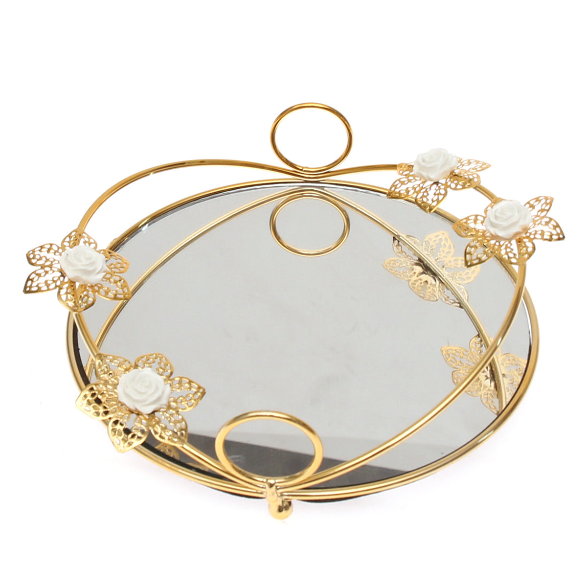 Golden Iron & Glass Decorative Round Tray with White Flowers – J2315-3S