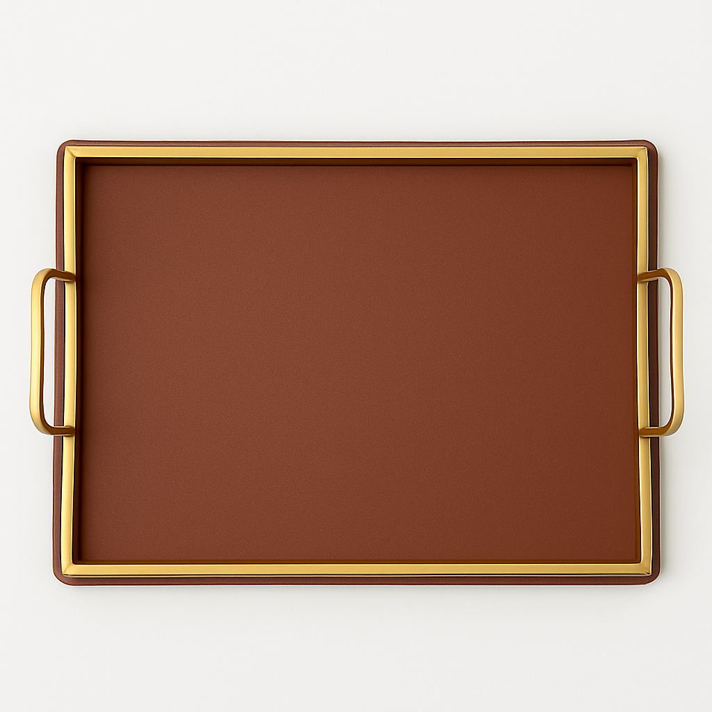 Leather Tray Set of 2 – Brown with Gold Frame | Elegant Decorative Serving Trays