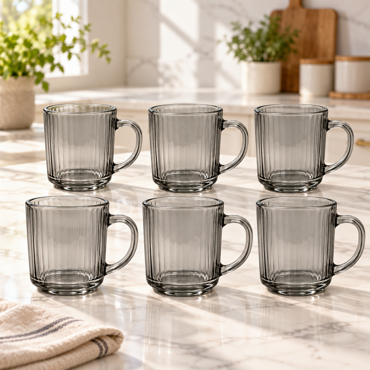 Silver Glass Cup Set 240ml – 6-Piece Clear Drinking Mugs with Handles