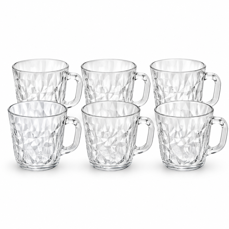 6Pcs Textured Glass Mug Set 240ml | Clear Tea & Coffee Mugs