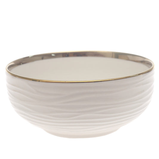 Gold Rim White Ceramic Bowl 6 Inch – Elegant Ribbed Serving Bowl