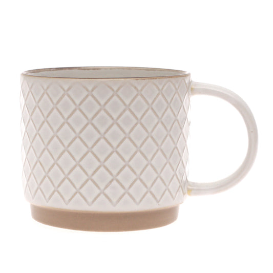 White Diamond-Textured Ceramic Mug 4 x 4 Inch | Elegant Coffee & Tea Mug with Natural Base