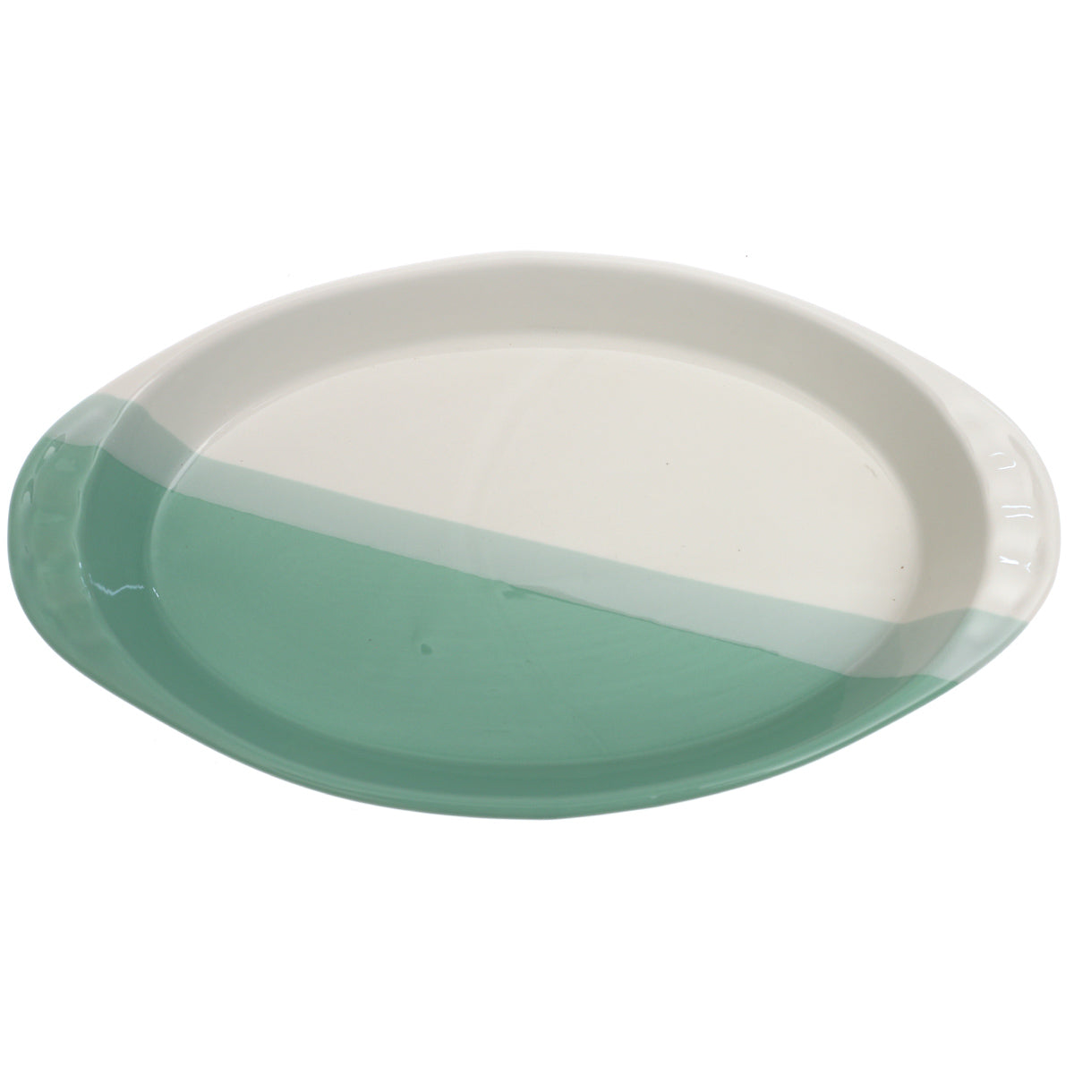 Oval Serving Dish – Green & White Ceramic Platter 6.5 x 12 Inch