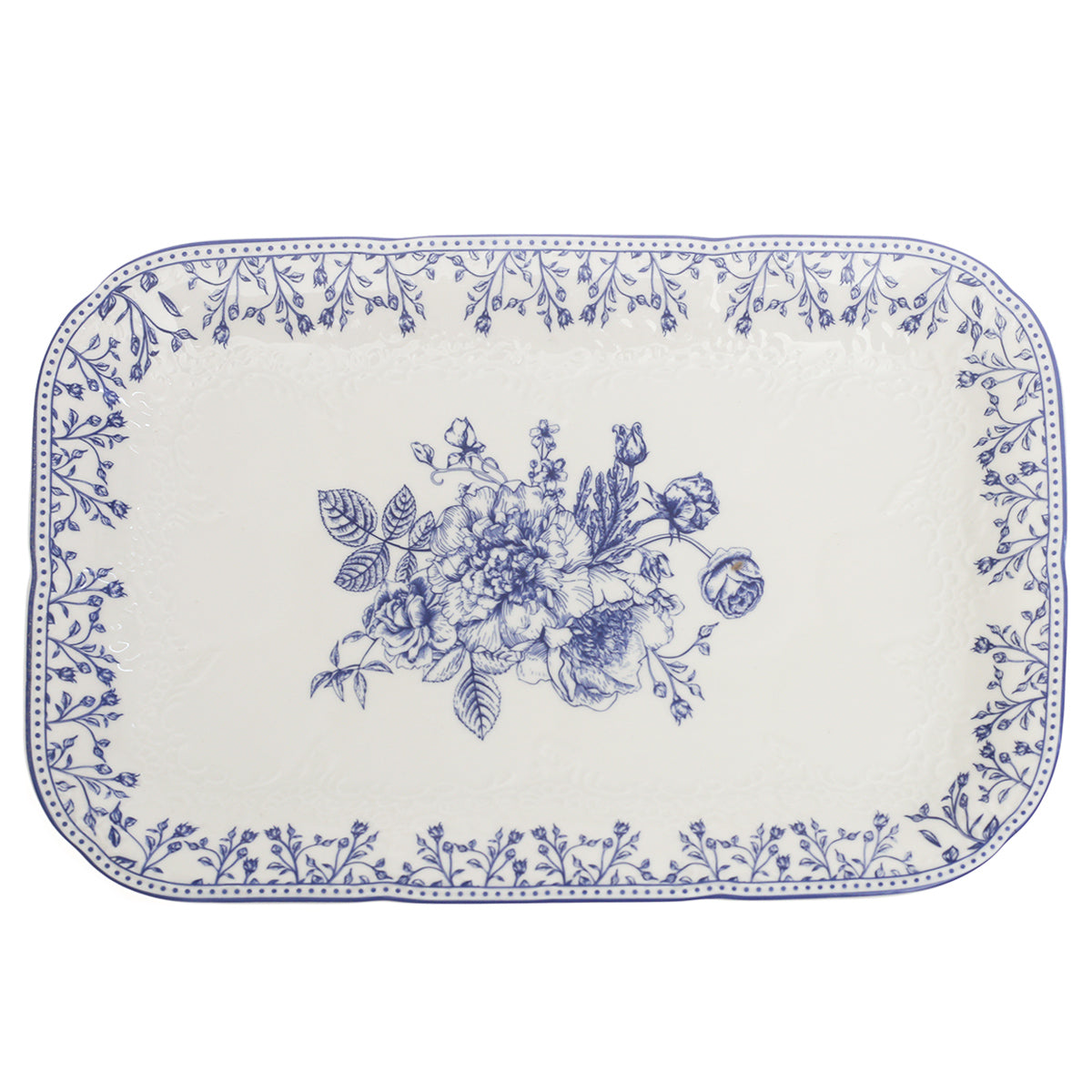 Blue & White Floral Serving Platter 8 x 12 Inch – Classic Rectangular Ceramic Platter - Habitt