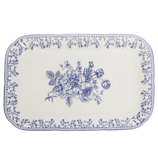 Blue & White Floral Serving Platter 8 x 12 Inch – Classic Rectangular Ceramic Platter - Habitt