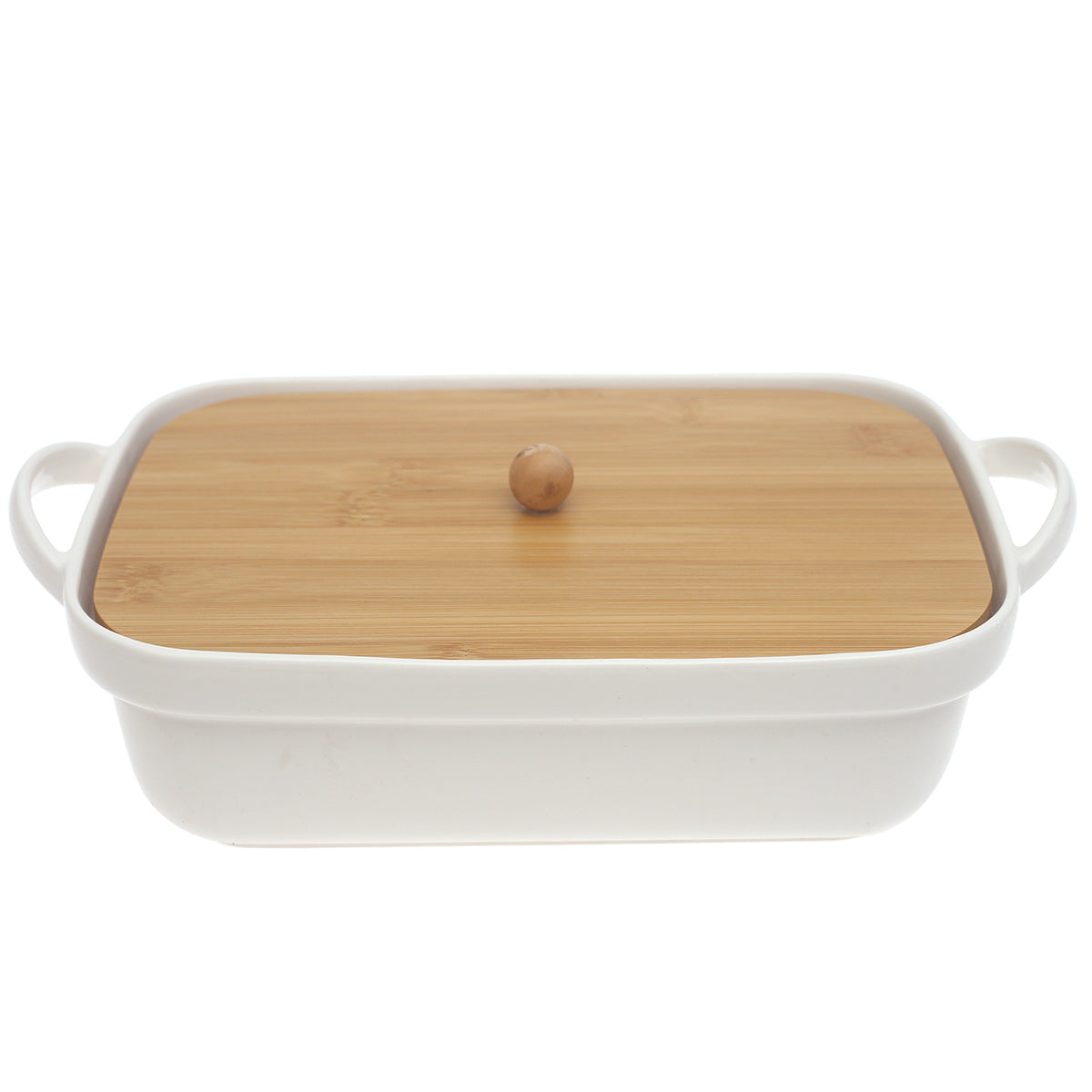 White Ceramic Serving Dish with Bamboo Lid 7.5 x 11 Inch – Rectangular Covered Serving Dish - Habitt