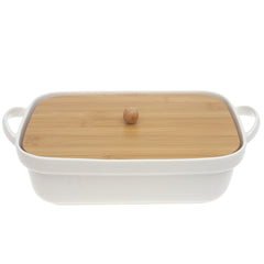 White Ceramic Serving Dish with Bamboo Lid 7.5 x 11 Inch – Rectangular Covered Serving Dish - Habitt