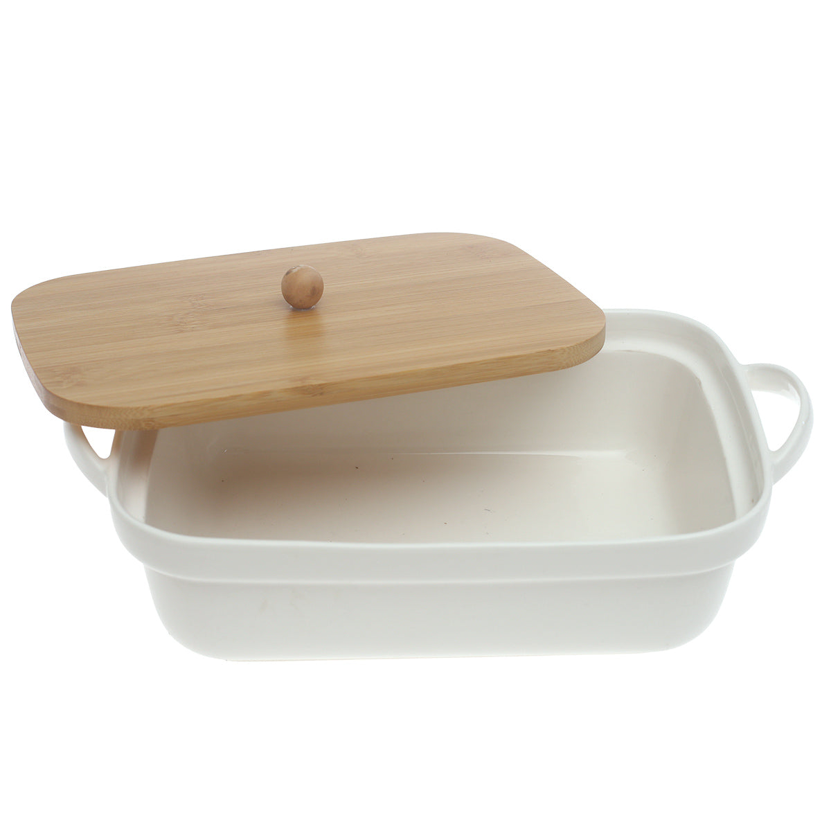 White Ceramic Serving Dish with Bamboo Lid 7.5 x 11 Inch – Rectangular Covered Serving Dish - Habitt