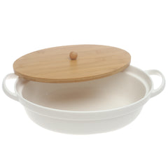 White Ceramic Serving Dish with Bamboo Lid 8.5 x 11.5 Inch – Oval Covered Serving Dish with Handles - Habitt