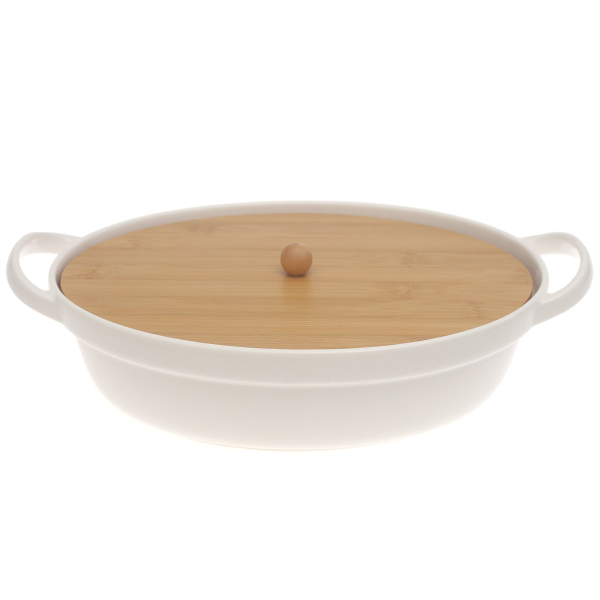 White Ceramic Serving Dish with Bamboo Lid 8.5 x 11.5 Inch – Oval Covered Serving Dish with Handles - Habitt