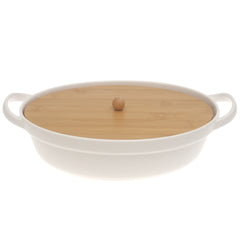 White Ceramic Serving Dish with Bamboo Lid 8.5 x 11.5 Inch – Oval Covered Serving Dish with Handles - Habitt