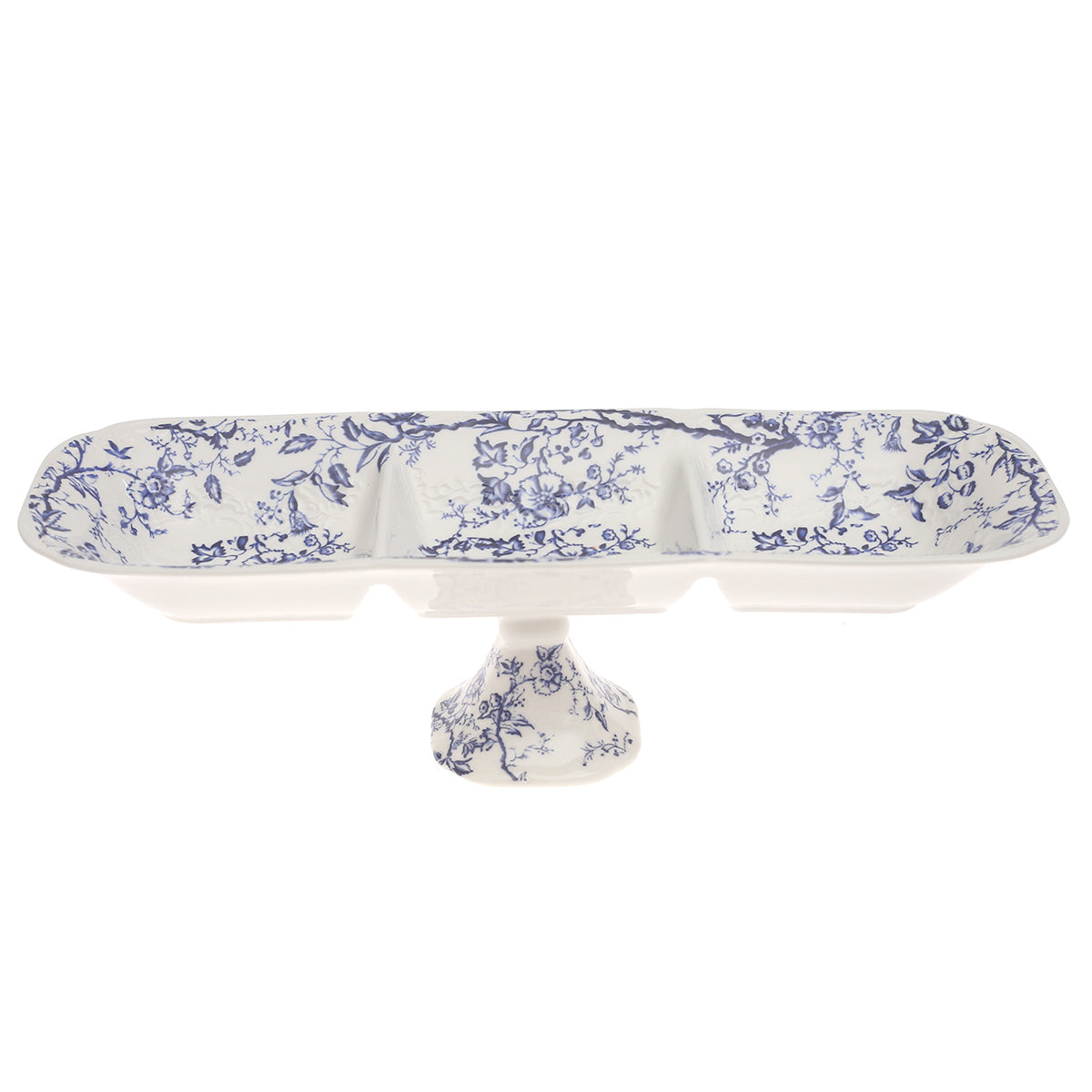 Blue & White Pedestal Dry Fruit Dish 5 x 14 Inch – Elegant Ceramic Divided Serving Platter - Habitt