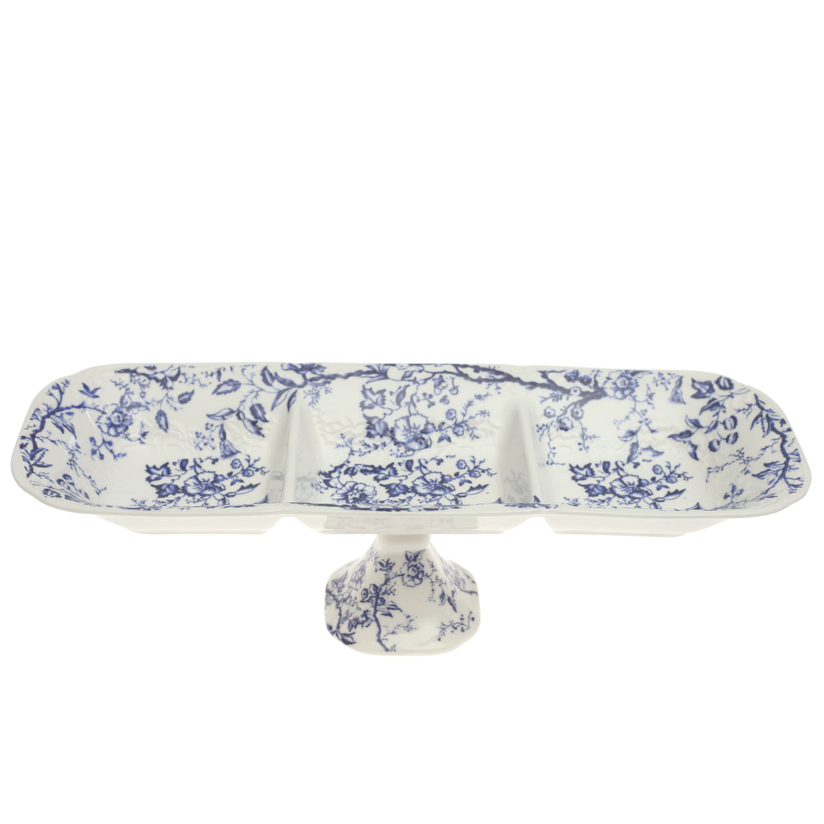 Blue & White Pedestal Dry Fruit Dish 5 x 14 Inch – Elegant Ceramic Divided Serving Platter - Habitt