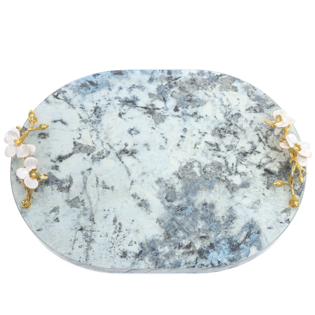 Blue Marble Finish Decorative Platter 12 x 16 Inch – Luxury Oval Serving Platter with Floral Handles - Habitt