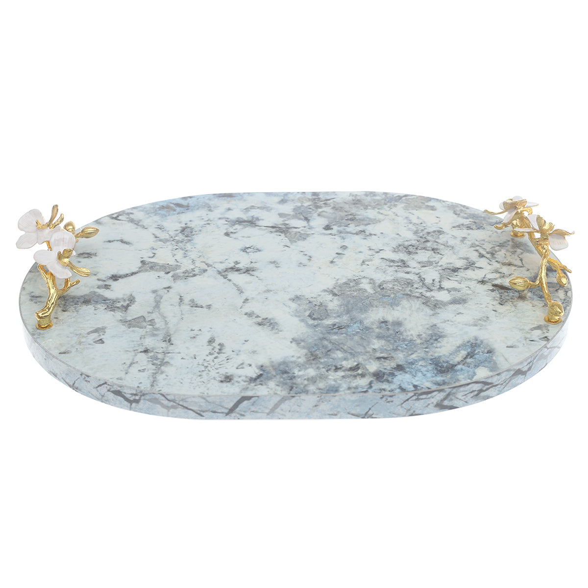 Blue Marble Finish Decorative Platter 12 x 16 Inch – Luxury Oval Serving Platter with Floral Handles - Habitt