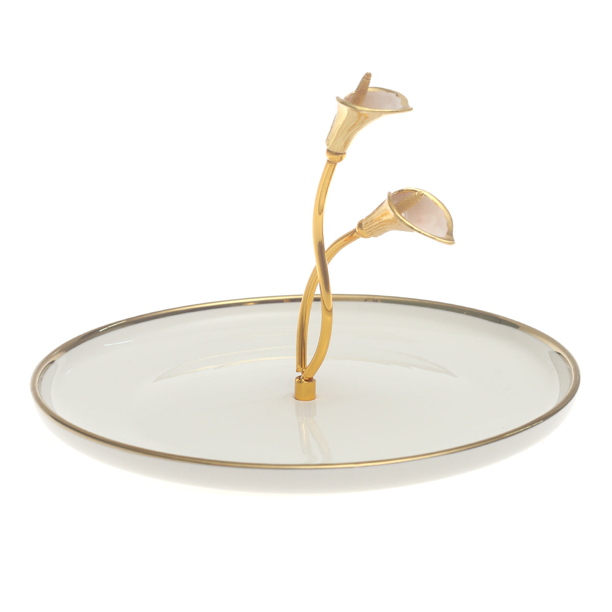 Gold & White Decorative Serving Platter 10 Inch – Elegant Glass Platter with Floral Handle - Habitt
