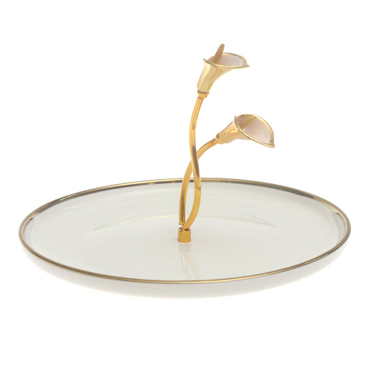Gold & White Decorative Serving Platter 10 Inch – Elegant Glass Platter with Floral Handle - Habitt