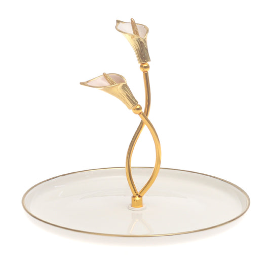 Gold & White Decorative Serving Platter 8 Inch – Elegant Glass Platter with Floral Handle - Habitt