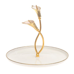 Gold & White Decorative Serving Platter 8 Inch – Elegant Glass Platter with Floral Handle - Habitt