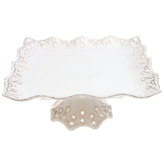 White Pedestal Serving Platter 10 x 5 Inch – Elegant Ceramic Display Platter with Gold Detailing - Habitt