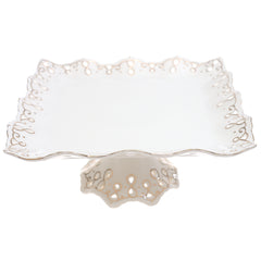 White Pedestal Serving Platter 10 x 5 Inch – Elegant Ceramic Display Platter with Gold Detailing - Habitt