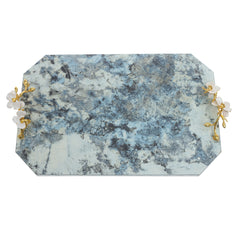 Large Blue Marble Effect Serving Tray with Floral Handles 11 × 17 Inch – Luxury Decorative Tray - Habitt