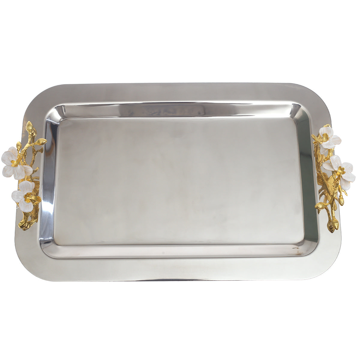 Silver Serving Tray with Gold Floral Handles 11 × 17 Inch – Elegant Decorative Tray - Habitt