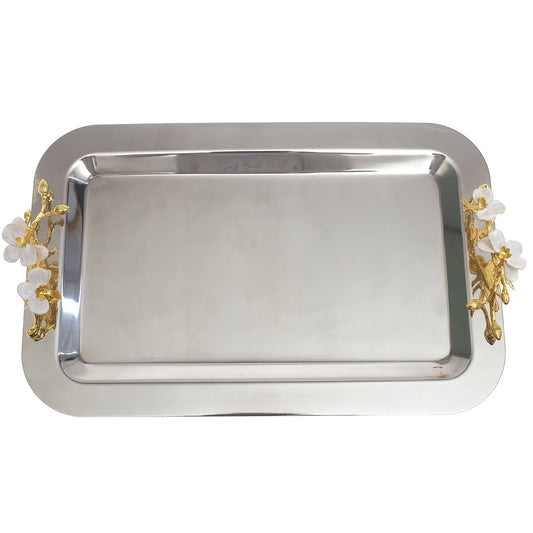 Silver Serving Tray with Gold Floral Handles 11 × 17 Inch – Elegant Decorative Tray