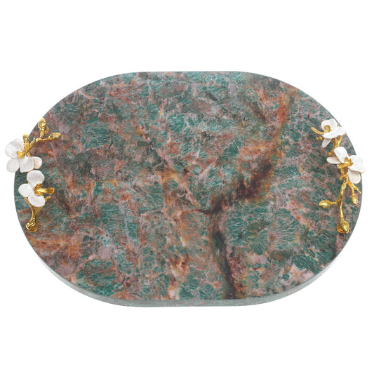 Green Marble Effect Serving Tray with Floral Handles 12 × 16 Inch – Decorative Luxury Tray - Habitt