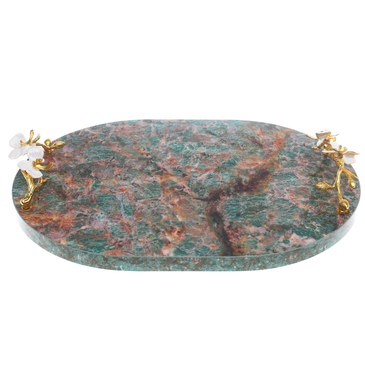 Green Marble Effect Serving Tray with Floral Handles 12 × 16 Inch – Decorative Luxury Tray - Habitt