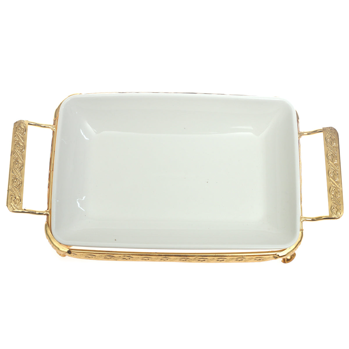 Rectangular Ceramic Serving Plate with Gold Stand & Handles – Elegant Tableware - Habitt