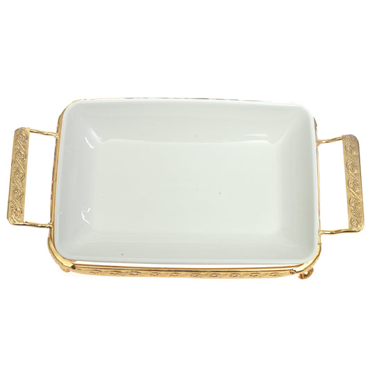 Rectangular Ceramic Serving Plate with Gold Stand & Handles – Elegant Tableware