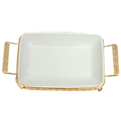 Rectangular Ceramic Serving Plate with Gold Stand & Handles – Elegant Tableware - Habitt