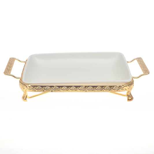 Rectangular Ceramic Serving Plate with Gold Stand & Handles – Elegant Tableware