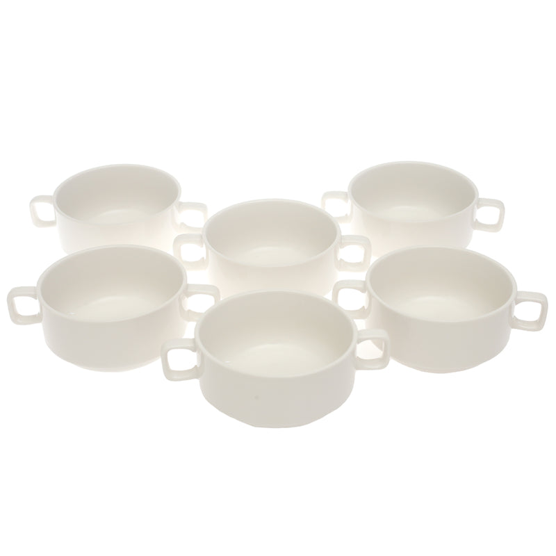 6 Pcs Ceramic Soup Bowl Set with Dual Handles – Elegant White Serving Bowls - Habitt