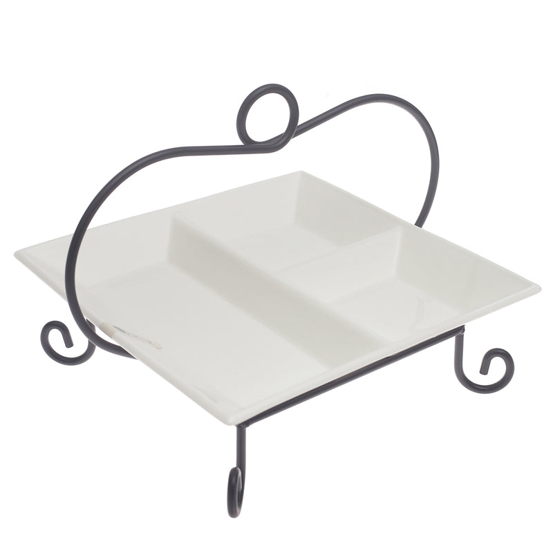 Square Divider Ceramic Serving Plate with Metal Stand – Elegant Symphony Collection - Habitt