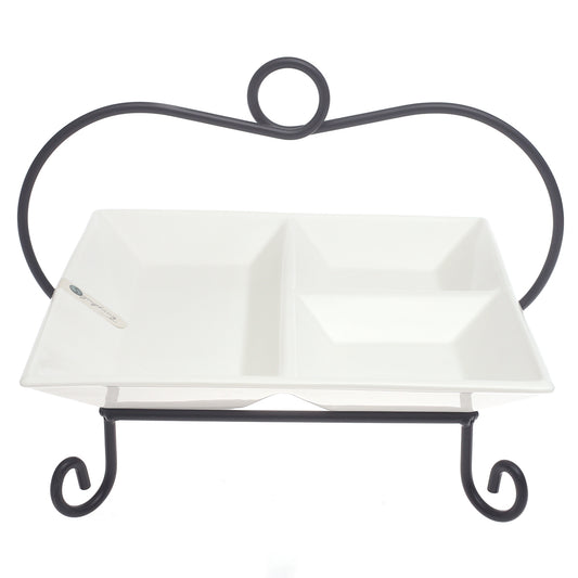 Square Divider Ceramic Serving Plate with Metal Stand – Elegant Symphony Collection