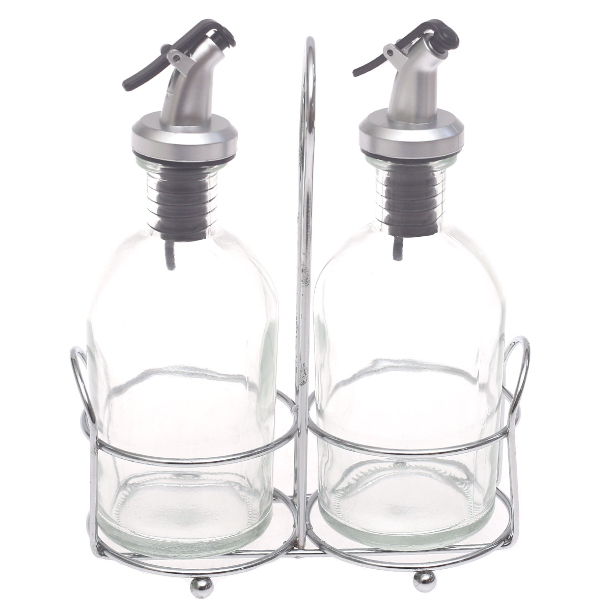 Glass Oil & Vinegar Bottle Set 3 Pieces – 260ml Dispenser with Metal Stand