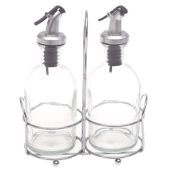 Glass Oil & Vinegar Bottle Set 3 Pieces – 260ml Dispenser with Metal Stand