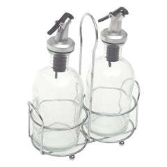Glass Oil & Vinegar Bottle Set 3 Pieces – 260ml Dispenser with Metal Stand