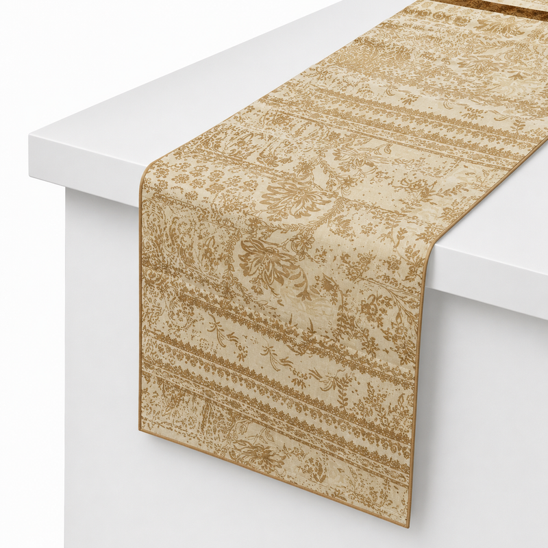 Ecru Gold Screen Print Table Runner – Row Silk Print – 14 x 45 Inches