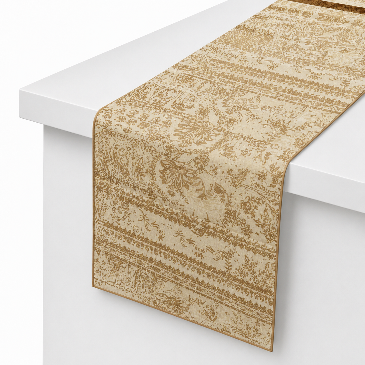 Ecru Gold Screen Print Table Runner – Row Silk Print – 14 x 45 Inches