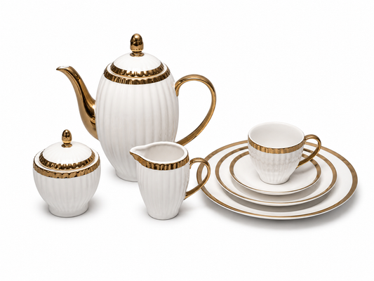 Premium Porcelain Tea Set – White with Thick Gold Rim | Elegant Tea Service Set for Home & Entertaining