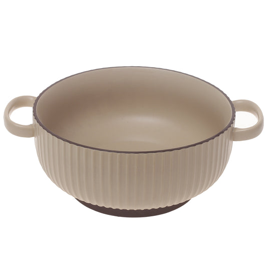 Beige Ribbed Ceramic Serving Dish with Handles – Round Minimalist Soup & Serving Bowl - Habitt
