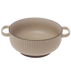 Beige Ribbed Ceramic Serving Dish with Handles – Round Minimalist Soup & Serving Bowl - Habitt