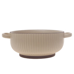 Beige Ribbed Ceramic Serving Dish with Handles – Round Minimalist Soup & Serving Bowl - Habitt