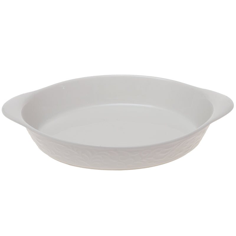White Embossed Ceramic Oval Baking Dish – Small Elegant Serving & Bakeware - Habitt