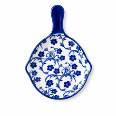 White & Blue Floral Sauce Dish with Handle – Small Serving Dish
