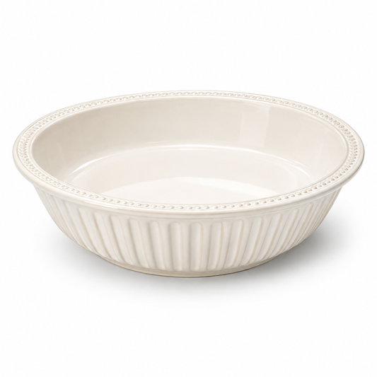Large Round Serving Bowl – White & Beige Ribbed Design | Elegant Bowl for Salads, Pasta & Family Serving